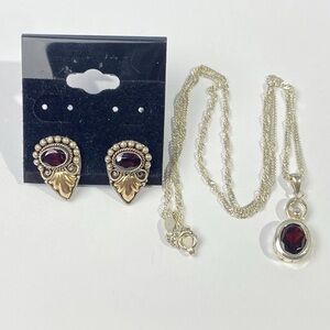 Necklace Earring Set Red Garnet  Lucas Lameth LUC 925 Silver Two-Tone
